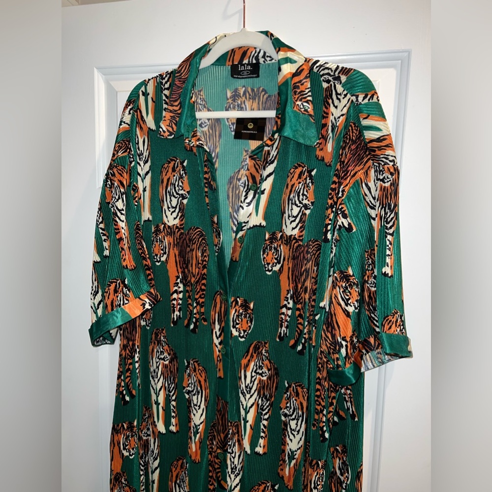 Dressed in LaLa So Far So Good Oversized Plisse Dress in Tiger Tales